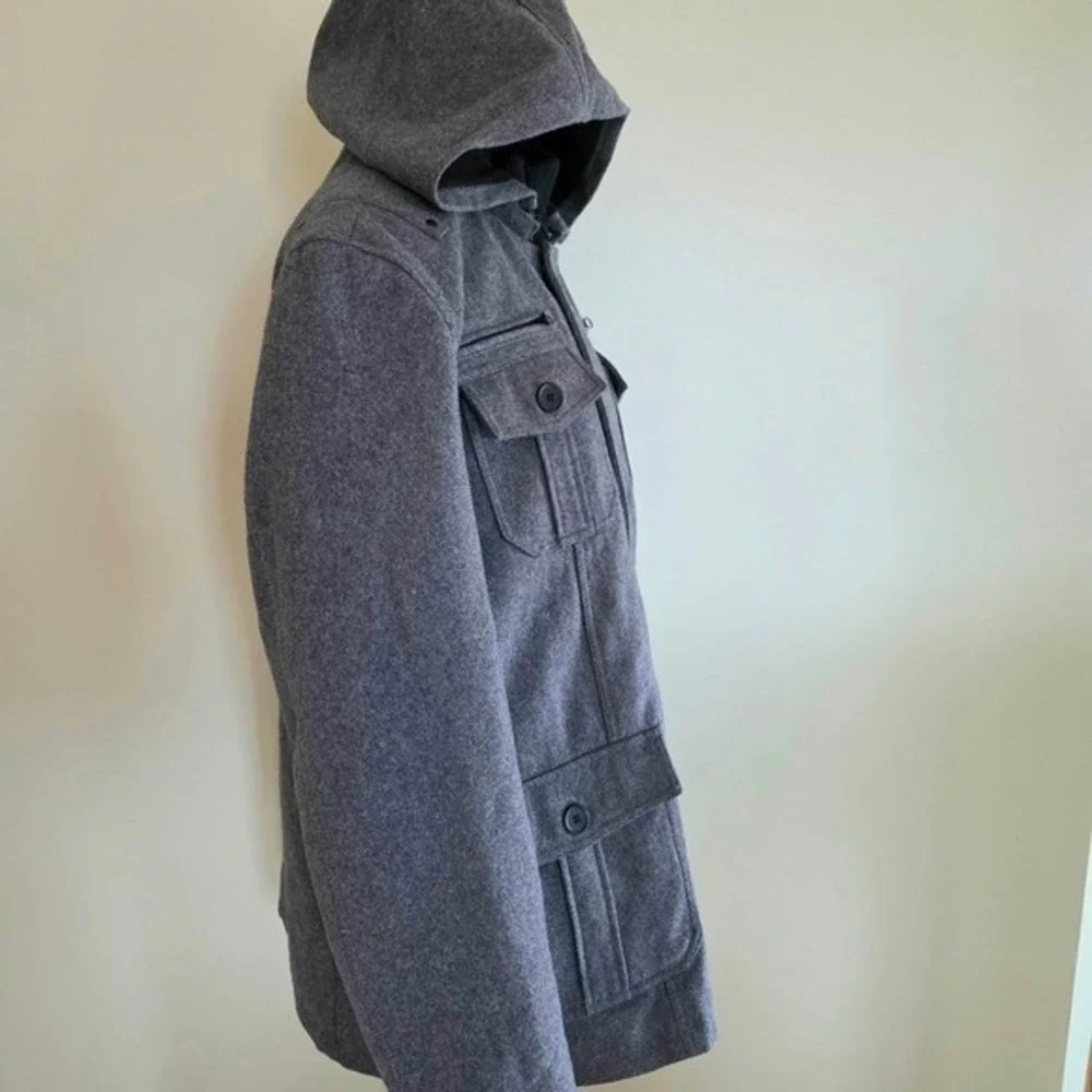 Structure Mens Wool Blend Hooded‎ Field Jacket Charcoal Grey Quilted Lining L